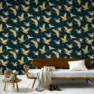 Praxis Vliesbehang Kranen - Petrol - Goud - 10,05m X 52cm