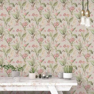 Praxis Vliesbehang Secret Garden G78507 - Vergrijsd Licht Taupe - Groen - Roze - 10,00 M X 53 Cm