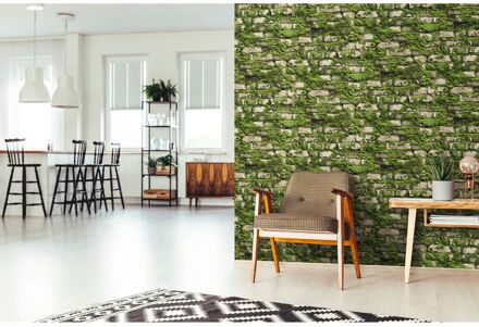 Praxis Vliesbehang Stenen Muur Mos - Groen - Mosgroen - Zandbeige - Offblack - Donkerzand - 10,05m X 53cm