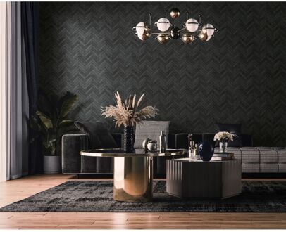 Praxis Vliesbehang Visgraatverband Bakstenen - Antraciet - Offblack - 10,05m X 53cm