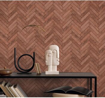 Praxis Vliesbehang Visgraatverband Bakstenen - Baksteenrood - 10,05m X 53cm