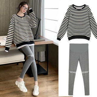 Pregnant Women Clothes Spring Autumn Sets Striped Tops and Pants for Pregnancy Fashion Maternity Two Piece Suit Plus Size