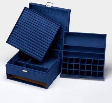 Premium 3-Layer Flanel Sieraden Organizer Box Kettingen Oorbellen Ringen Storage Case Grote Capaciteit Met Slot Voor Vrouwen donker blauw