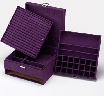 Premium 3-Layer Flanel Sieraden Organizer Box Kettingen Oorbellen Ringen Storage Case Grote Capaciteit Met Slot Voor Vrouwen paars