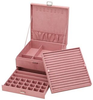 Premium 3-Layer Flanel Sieraden Organizer Box Kettingen Oorbellen Ringen Storage Case Grote Capaciteit Met Slot Voor Vrouwen roze