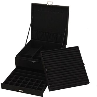 Premium 3-Layer Flanel Sieraden Organizer Box Kettingen Oorbellen Ringen Storage Case Grote Capaciteit Met Slot Voor Vrouwen zwart