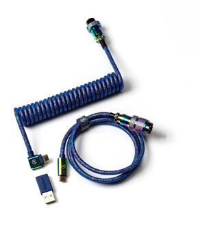 Premium Coiled Aviator Cable - Rainbow Plated Blue, Angled Kabel