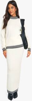 Premium Contrast Trim Trui En Maxi Rok Gebreide Co-Ord, Ecru