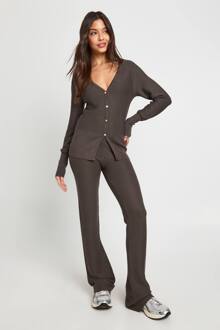 Premium Gebreid Co-Ord Met Geribbelde Trui Met Getailleerde Taille En Wijde Broek, Charcoal - S