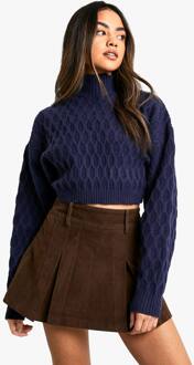 Premium Gebreide Hoge Hals Open Rug Trui, Navy - M