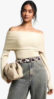 Premium Geribbelde Gebreide Bardot Trui, Cream - L