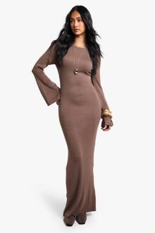 Premium Geribbelde Maxi Jurk Met Flared Mouwen En Gebreid Stof, Mushroom