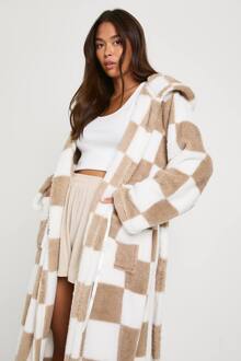 Premium Geruite Fleece Badjas Met Capuchon, Grey - 36