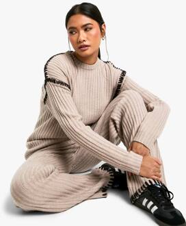 Premium Heavyweight Gebreid Set Met Contrasterende Afwerking (Trui En Broek), Taupe
