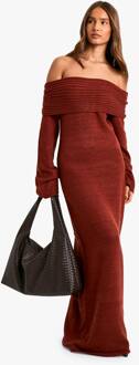 Premium Oversized Rib Bardot-Halslijn Zachte Gebreide Trui-Jurk, Chocolate - S