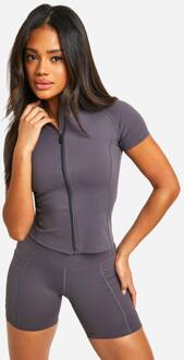Premium Sculpt Zip Through Top Met Korte Mouwen, Charcoal