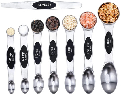 Premium Stainless Steel Magnetic Measuring Spoons, 8 Piece Set with Leveler, Easy to Attach and Detach, Double-Sided Design Fits