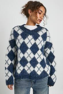 Premium Super Soft Geborstelde Brei V-Hals Argyle Oversized Trui, Navy - L