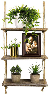 Premium Wood Swing Hanging Rope Wall Mounted Floating Shelves Plant Flower Pot indoor outdoor decoration simple design