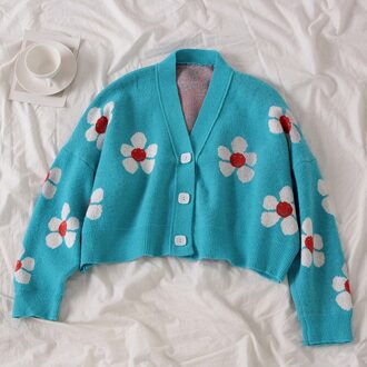 Preppy Stijl Bloem Gebreide Vesten Trui Vrouwen V-hals Losse Elegaht Thicked Pull Femme Print Korte Casual Jas blauw