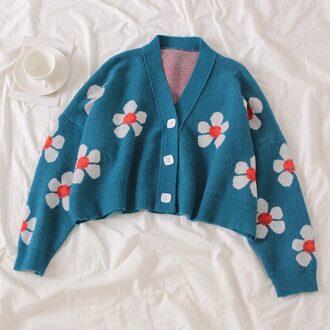 Preppy Stijl Bloem Gebreide Vesten Trui Vrouwen V-hals Losse Elegaht Thicked Pull Femme Print Korte Casual Jas donker blauw