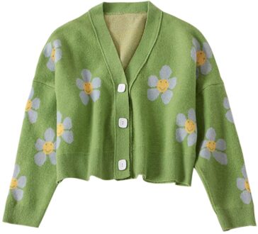 Preppy Stijl Bloem Gebreide Vesten Trui Vrouwen V-hals Losse Elegaht Thicked Pull Femme Print Korte Casual Jas groen