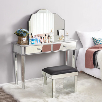 Presell Panana Hot Sale Mirrored Glass Dressing Table 2 Drawers 3 folding Mirrors Stool Or table stool Bedroom Furniture Dresser