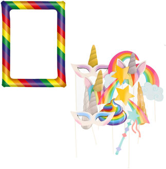 Pride Foto prop set met opblaas frame 80 x 60 cm - 12 delige unicorns props - photo booth