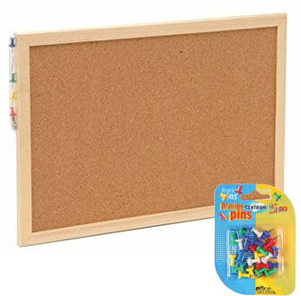 Prikbord incl. 25x punaises gekleurd - 30 x 45 cm - kurk - Prikborden Bruin