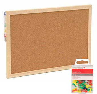 Prikbord incl. 40x punaises gekleurd - 22 x 30 cm - kurk - Prikborden Bruin