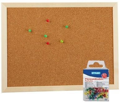 Prikbord/memobord naturel kurk met punaises 40 x 30 cm - Prikborden Beige