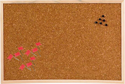 Prikbord van kurk - 58 x 39 cm - inclusief 40x rode vlaggetjes punaises - memobord