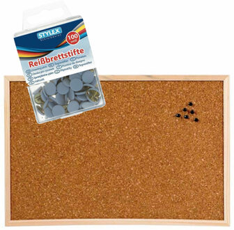 Prikbord van kurk 58 x 39 cm met 100 witte platte punaises