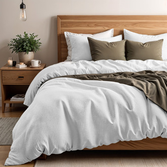 Primaviera Deluxe Dekbedovertrek Percale-Katoen - Waffle - Wit - Eenpersoons (140x200 Cm) - Wit Percale Katoen - Wafel & Luxe - Primaviera Deluxe - Dekbed-Discounter.nl