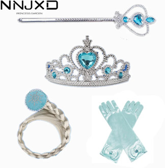 Princess Girls Kids Princess Dress Up Accessories Crown Braid Wand Wig Blue Gloves 4Pcs Sets Magic Stick