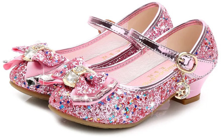 Princess Kids Leather Shoes for Girls Flower Casual Glitter Children High Heel 2020 Girls Shoes Butterfly Knot Blue Pink Silver