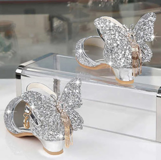 Princess Kids Leather Shoes For Girls Glitter Butterfly Knot Dress Party Children High Heel Csuals Shoe For kids Pink Silver