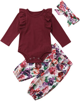 Prinses Meisje Kleding Set Fly Mouw Romper + Bloemen Broek + Hoofdband Kleding Herfst Slijtage 0-18 M 18m