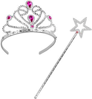 Prinsessen Set Tiara & Staf Magic Roze, Zilver - Grijs