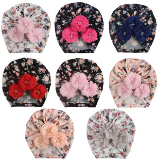 Print Baby Cap Girl Flower With Peral Cotton Soft Baby Turban Headband Handmade Elastic Baby Head Wrap Newborn Hair Accessories