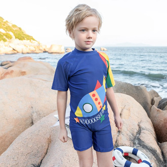 Print Rocket Blue One Piece Swimsuit Boys Rainbow Sleeve Zipper Swimwear Children with Swimming Cap Beach Bathing Suit Kids