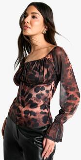 Printed Bengaline Haken En Oog Corset Met Bardot Mesh Mouw, Leopard - 34