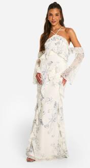 Printed Chiffon Ruffle Bardot Maxi Jurk, Multi - 40