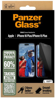 Privacy Ultra-Wide Fit Anti-Bacterial Screenprotector incl. applicator voor de Apple iPhone 16 Plus Transparant