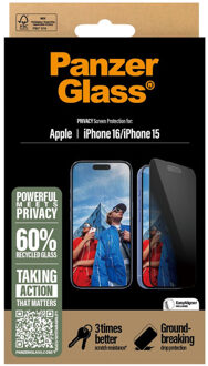 Privacy Ultra-Wide Fit Anti-Bacterial Screenprotector incl. applicator voor de Apple iPhone 16 Transparant