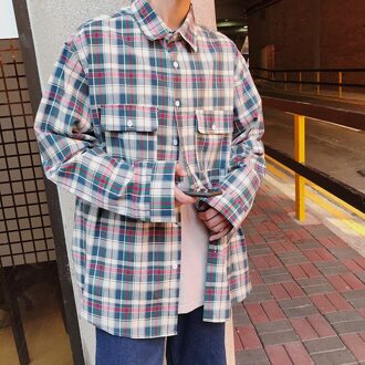 Privathinker Mannen Voorjaar Katoen Plaid Shirt Heren Kantoor Koreaanse Losse Shirts Mannelijke Lange Mouw Mode Oversized Kleding 5XL RedGe / M