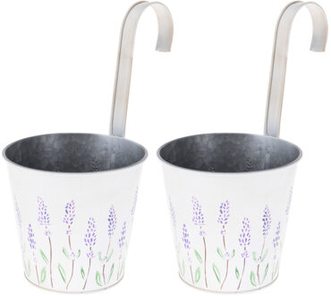 Pro Garden 2x stuks bloempotten/plantenbakken zink met ophanghaak creme wit met lavendel 14 x 13 x 26 cm