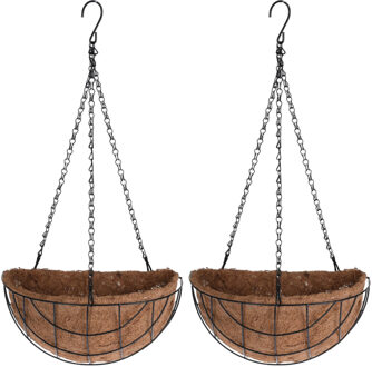 Pro Garden 2x stuks metalen hanging baskets / plantenbakken halfrond zwart met ketting 26 cm - hangende bloemen - Plantenbakken