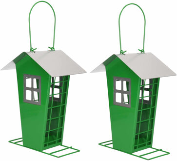 Pro Garden 2x Stuks vogel voeder huisje voor pindas/vetbollen groen metaal 19 cm - Vogelvoederhuisjes