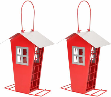 Pro Garden 2x Stuks vogel voeder huisje voor pindas/vetbollen rood metaal 19 cm